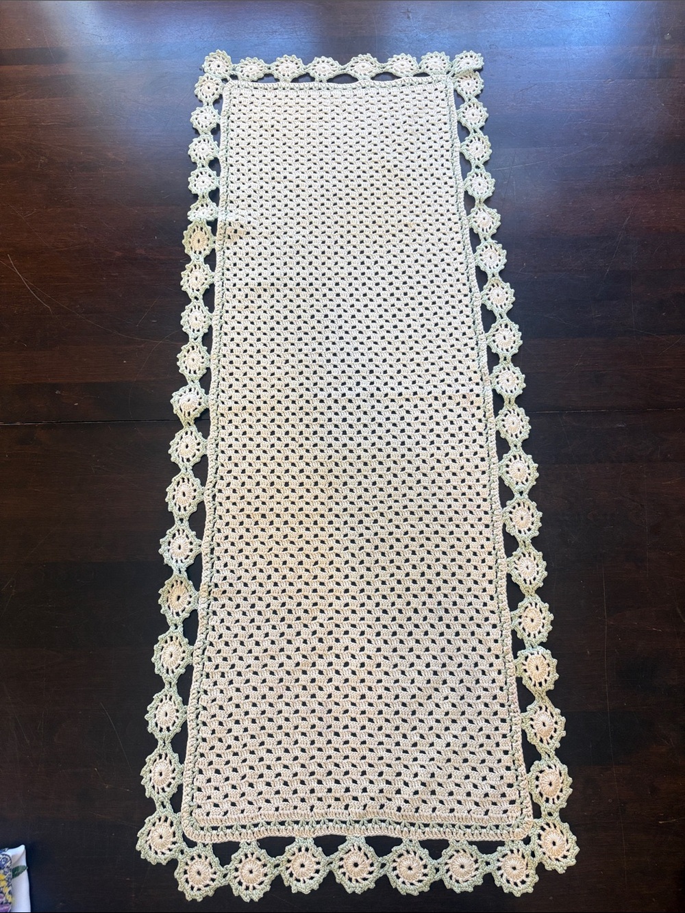 Handmade Cream and Green Crochet Table Runner
